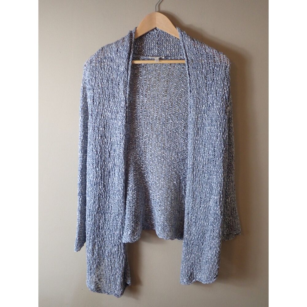 Eileen Fisher Grey Cotton Open Knit Cardigan Sweater Large Mesh Open Front